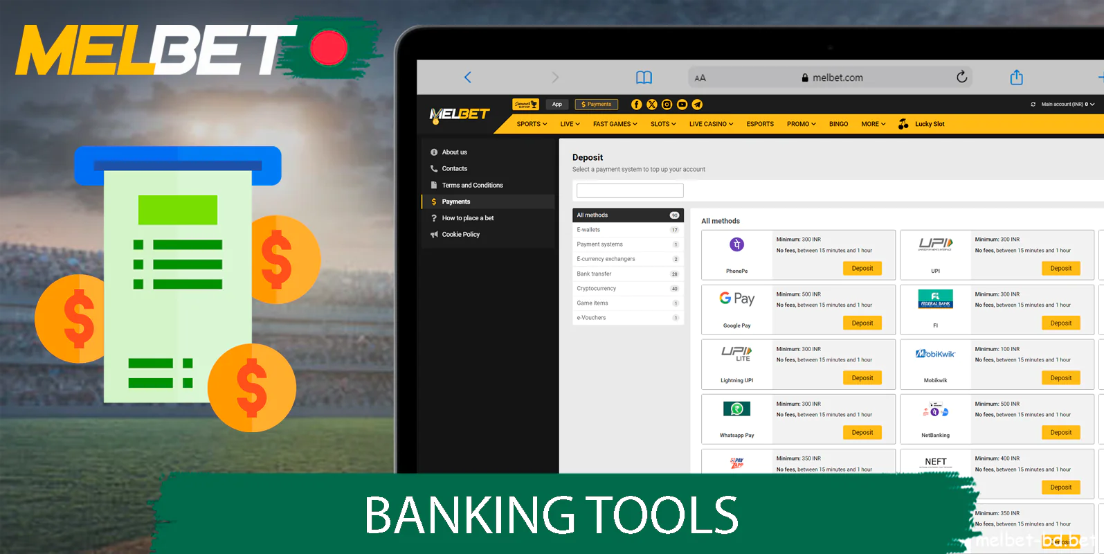 Options for replenishing the balance and withdrawing winnings from the Melbet
